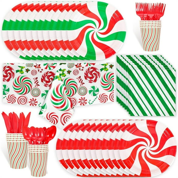 Tutuviw 9 set Christmas Candy Cane Party Supplies Tableware Set Candy Cane Christmas Decorations Peppermint Candy Disposable Dinnerware for Guest- Table Cover Plates Cups Knife Fork Spoon Napkins