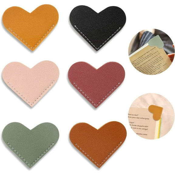 RUseeN Leather Heart Bookmarks, 6 Pieces Cute Corner Page Book Marks for Teachers Students Book Reading Lovers, for School Office Home Supplies (Heart, 6pcs)