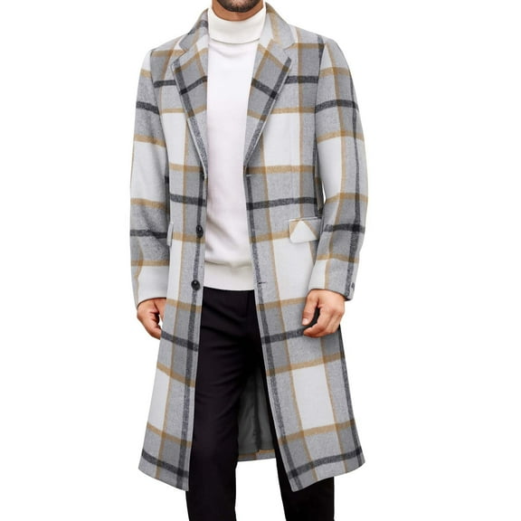 Yangnuo Mens Fashion Warm Plaid Coat Jackets 2025 Fall Winter Mens Trench Coat Long Casual Lapel Winter Wool Plaid Coat With Pockets