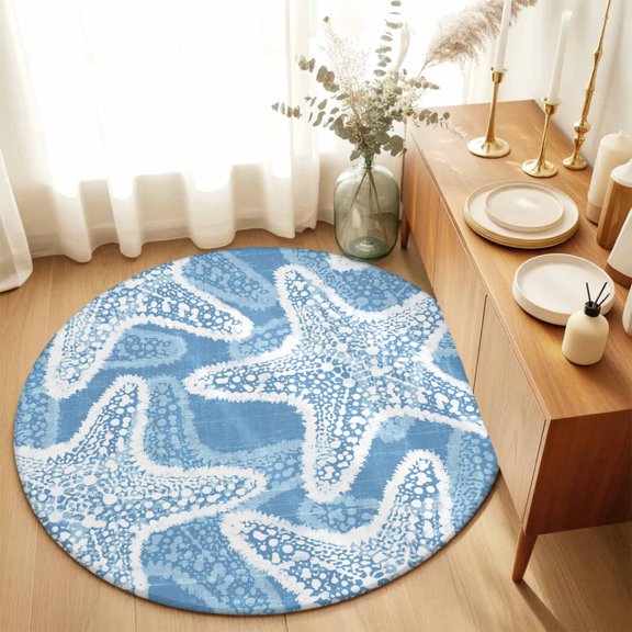 Round Rugs 6Ft, Blue Starfish Coastal Round Area Rug Washable Indoor Throw Carpet, Nautical Summer Ocean Soft Non Slip Circle Rug for Office Cabinet Home Decor Aesthetic