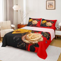 Castle Fairy Romantic Floral Rose 4 Pieces Queen Sheet Sets for Kids Teens Adults,Happy Valentine's Day Ultra Soft Flat Sheet,Bling Crystal Queen Fitted Sheet,Breathable Home Decor