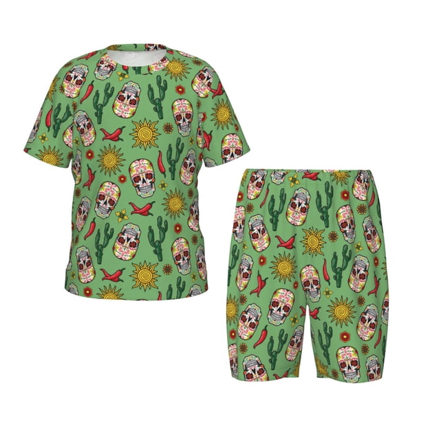 Balery Vintage Sugar Skull Conjunto de Pijama Infantil de Manga Corta con Estampado – Ropa de Dormir de Algodón Suave-Medium
