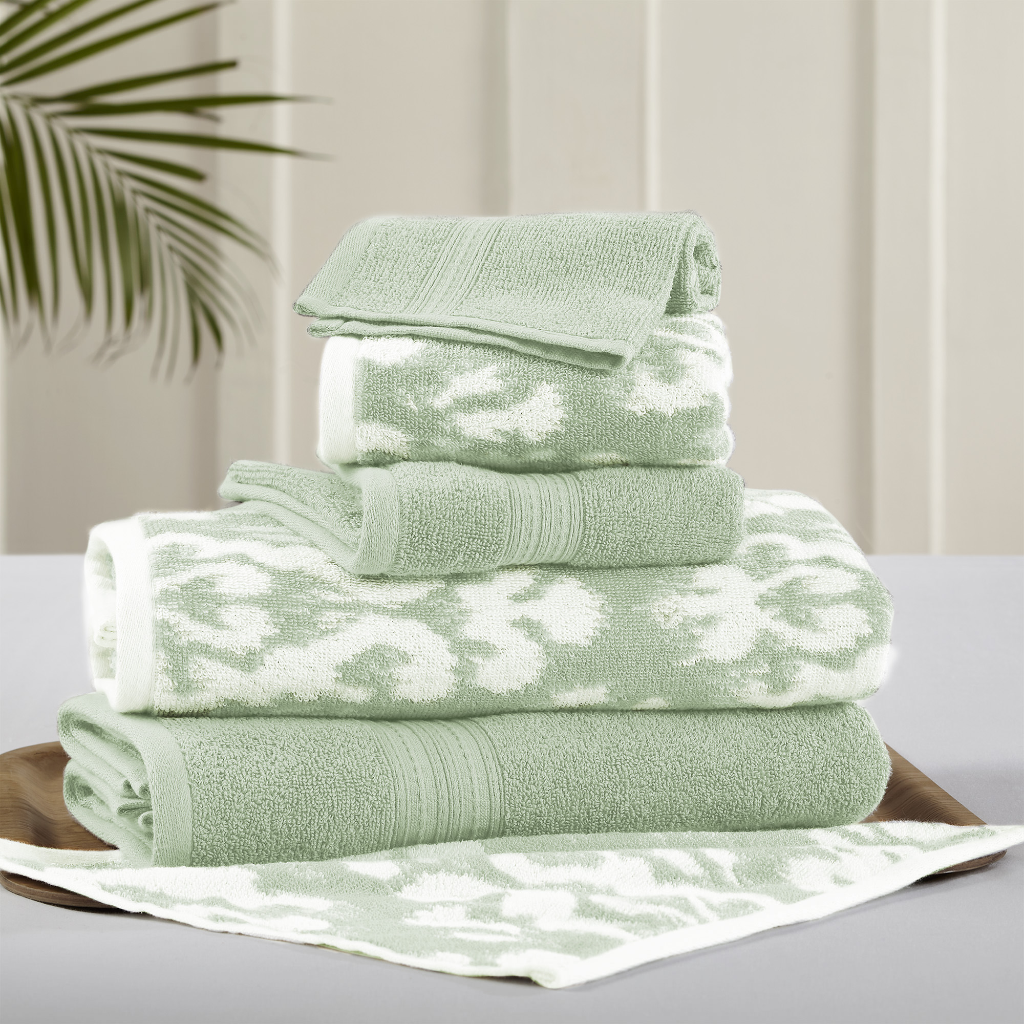 6 Piece Reversible Yarn dyed Jacquard Towel Set, Ikat Damask, Sage