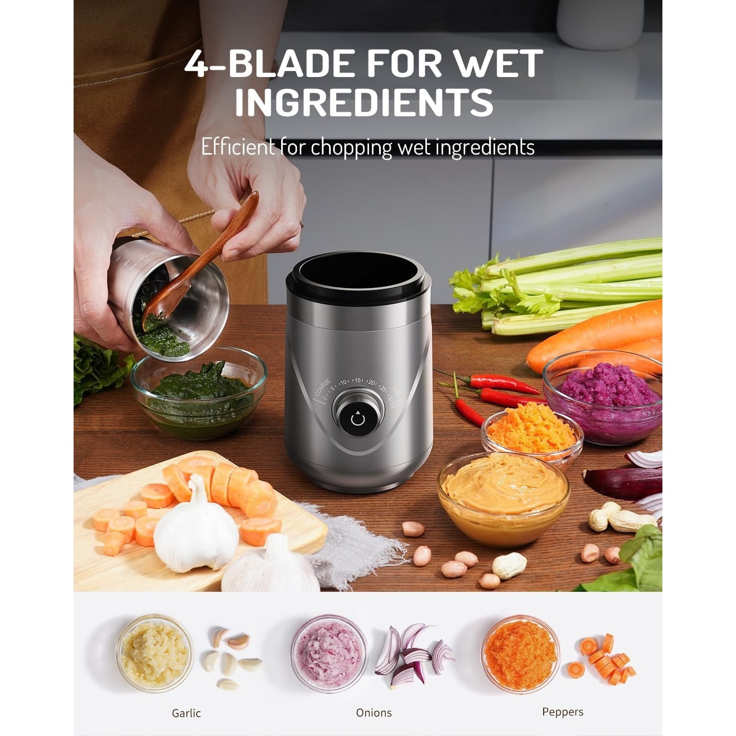 Electric Super Silent Blade Coffee Grinder, Timed Grind Control Rotary Knob, Adjustable Coarse to Fine for Coffee Beans, Spices & Herbs, with 2 Removable Stainless Steel Bowl, Silver