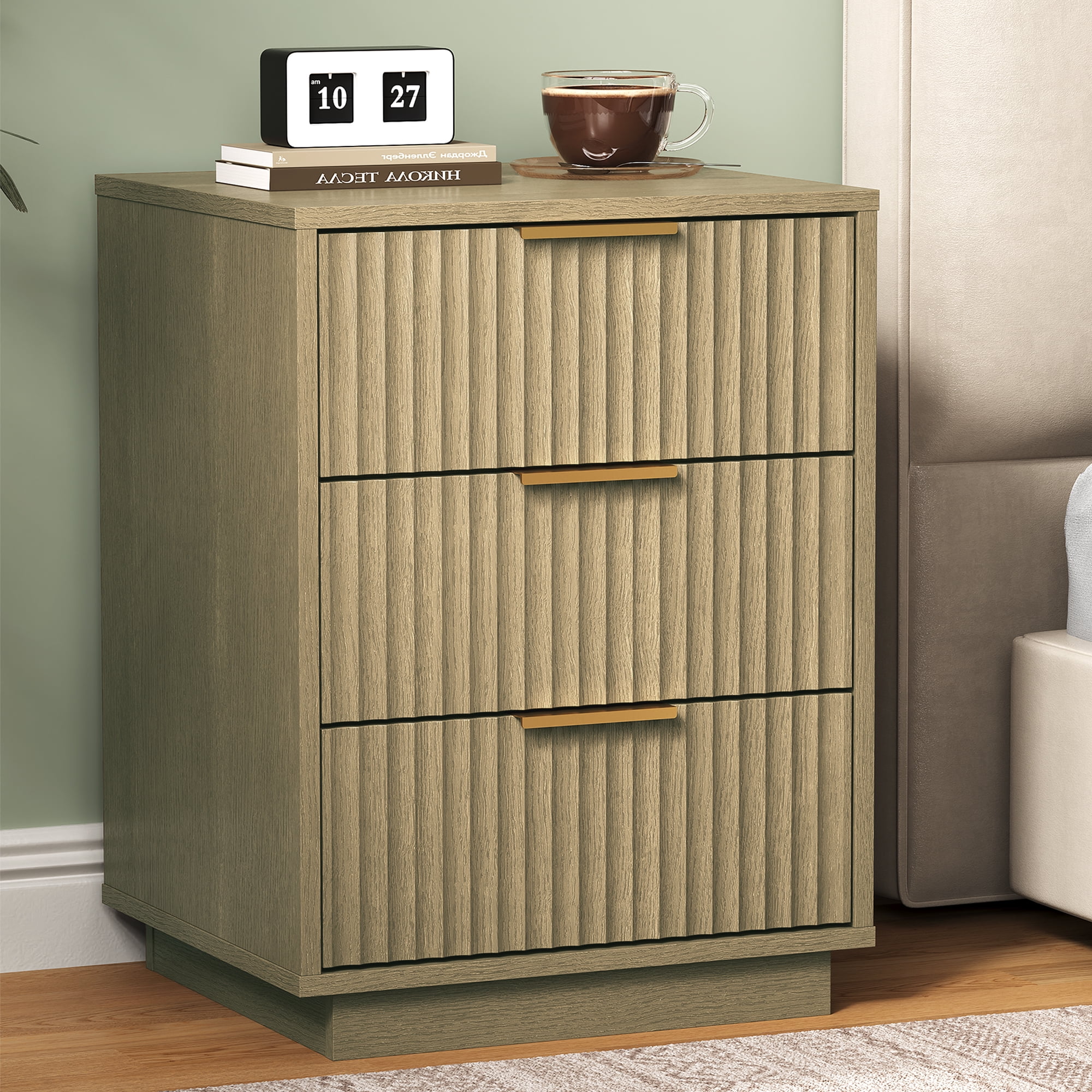 Heynemo Low 3-Drawer Dresser, Modern Storage Cabinet with Wavy Drawers for Bedroom, Hallway, or Living Room, Natural