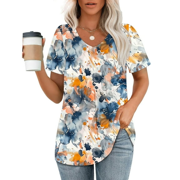 Otvok Womens Printed V-Neck Short-Sleeve T-Shirt Loose Top Short Sleeve Summer Tops
