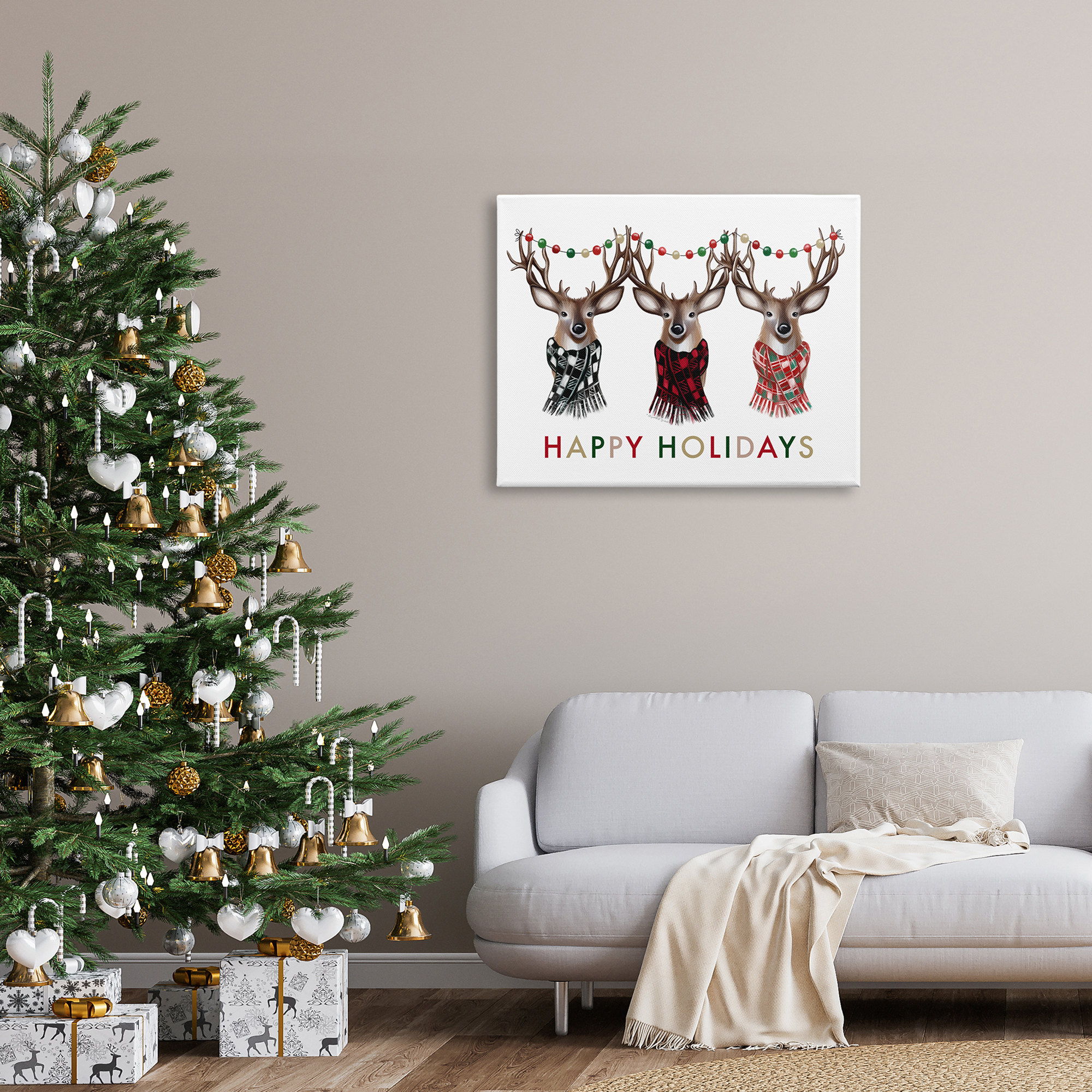Happy Holidays Christmas Reindeer Antlers Plaid Scarf Animals & Insects Graphic Art Gallery-Wrapped Canvas Print Wall Art