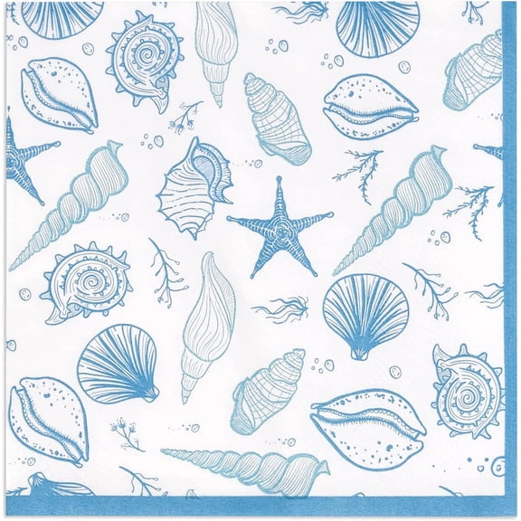 Gift Boutique Coastal Cocktail Napkins, 100 Count, 3-Ply Disposable Beverage Napkins with Blue Shell Nautical Beach Design for Parties & Entertaining
