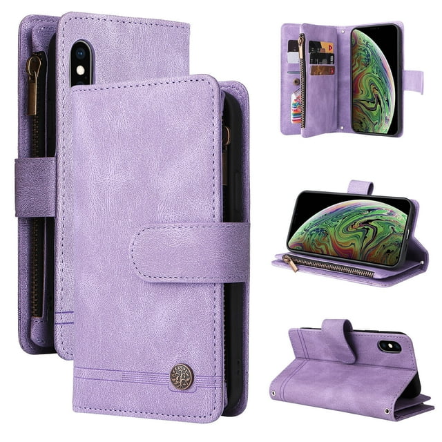 Case for iPhone X/XS Cover Zipper Pocket Wallet Case Magnetic Protective - Purple