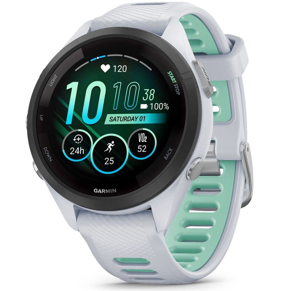 Garmin 010-02810-04 Forerunner 265S GPS Smartwatch, Whitestone/Neo Tropic Bundle with Sport Towel + Deco Essentials Wearable Commuter Front & Rear Safety Light| Official Garmin USA Dealer
