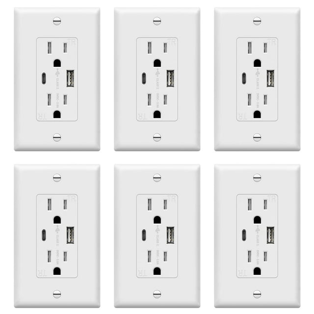 Enchufe USB TOPGREENER tipo C y tipo A, 15 A, 125 VAC, blanco, paquete de 6