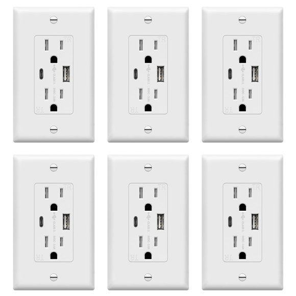 Enchufe USB TOPGREENER tipo C y tipo A, 15 A, 125 VAC, blanco, paquete de 6