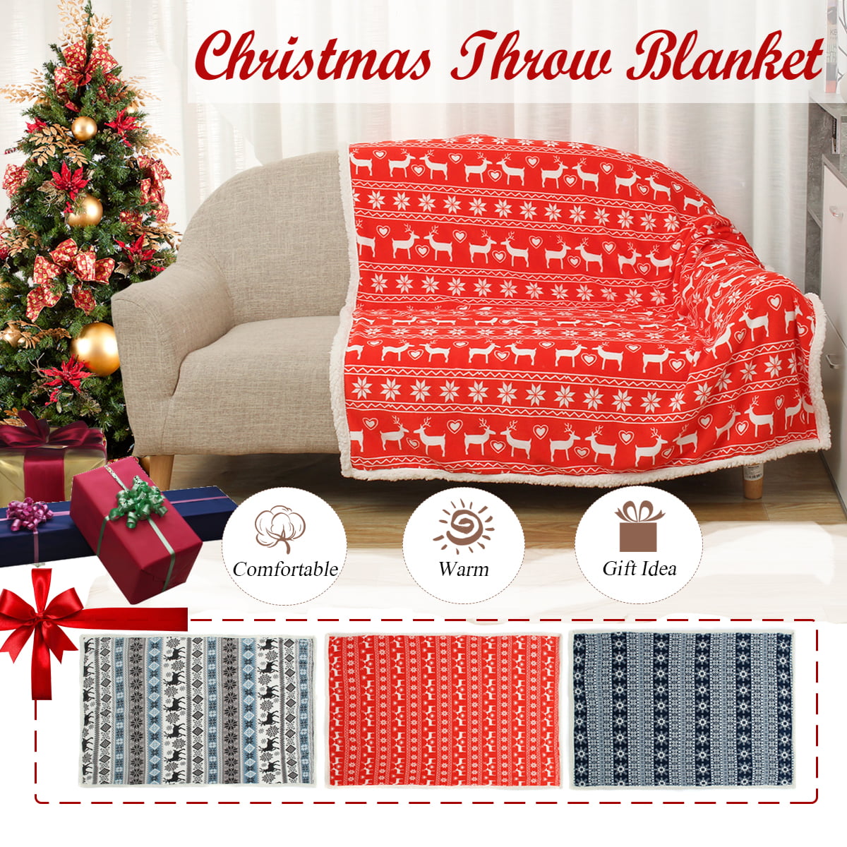 Throw Blanket Christmas Decorations Knitt Pattern Winter Santa Deer Pine Red White Soft Fleece Blanket for Couch 60x50