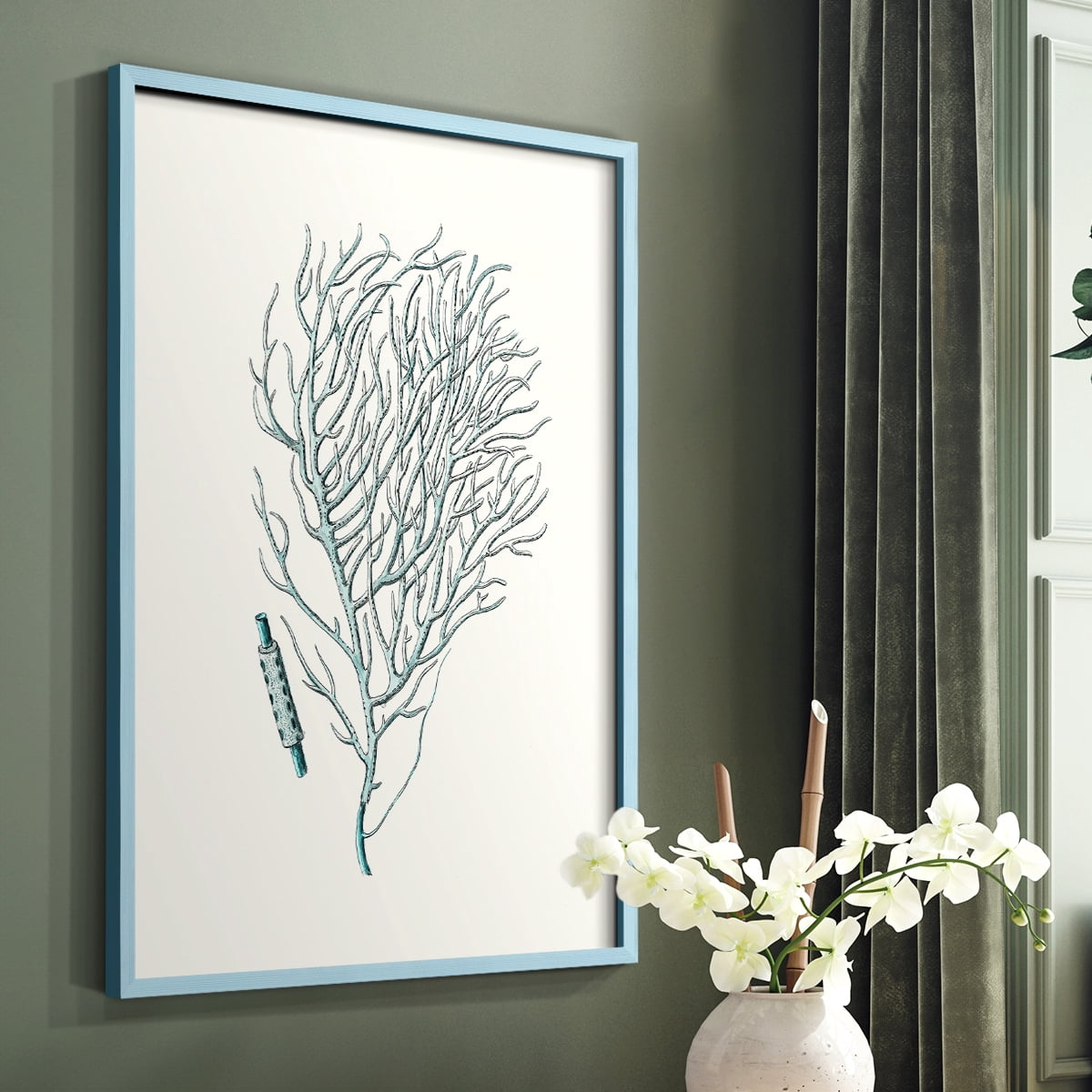 Antique Coastal Coral I Framed Print in Blue Solid Wood Framed Print No Nail Hanging