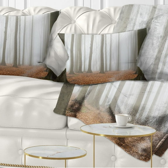 Designart Misty Autumn Beech Forest - Landscape Photography Throw Pillow - 12x20