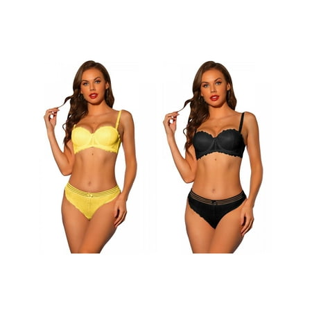 Women s Lace Balconette Bras and Panties Set Underwire Bras Padded Lingerie 2 Packs