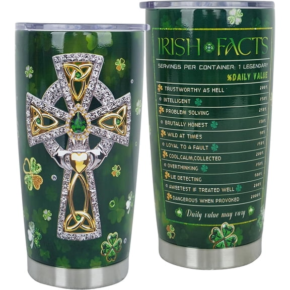 St Patricks Day Tumbler 20oz Irish Gifts for Women Men, Irish Nutrition Facts Tumblers with Cross Four Leaf St Patricks Day Coffee Mug with Lid, Stainless Steel Green Irish Travel Tumbler