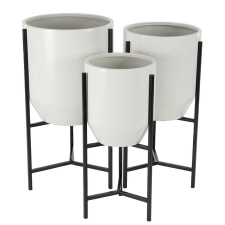 Modern Masters Plaster - Decmode Set of 3 Modern Iron Tapered Round White and Black Planters With Stand, White