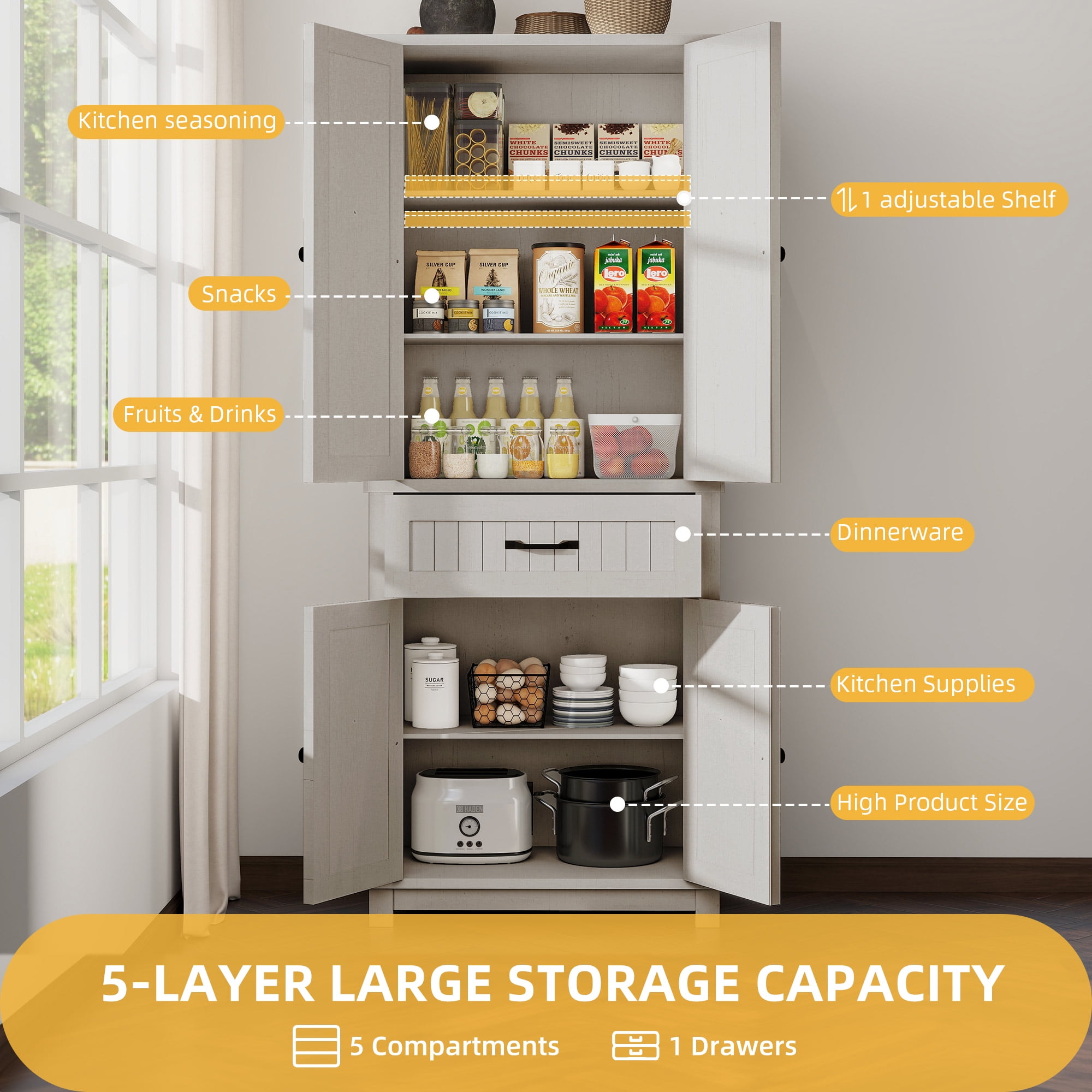 DWVO 72" Pantry Cabinet with Doors and Adjustable Shelves, Kitchen Storage Cabinet with Drawer, Oak White