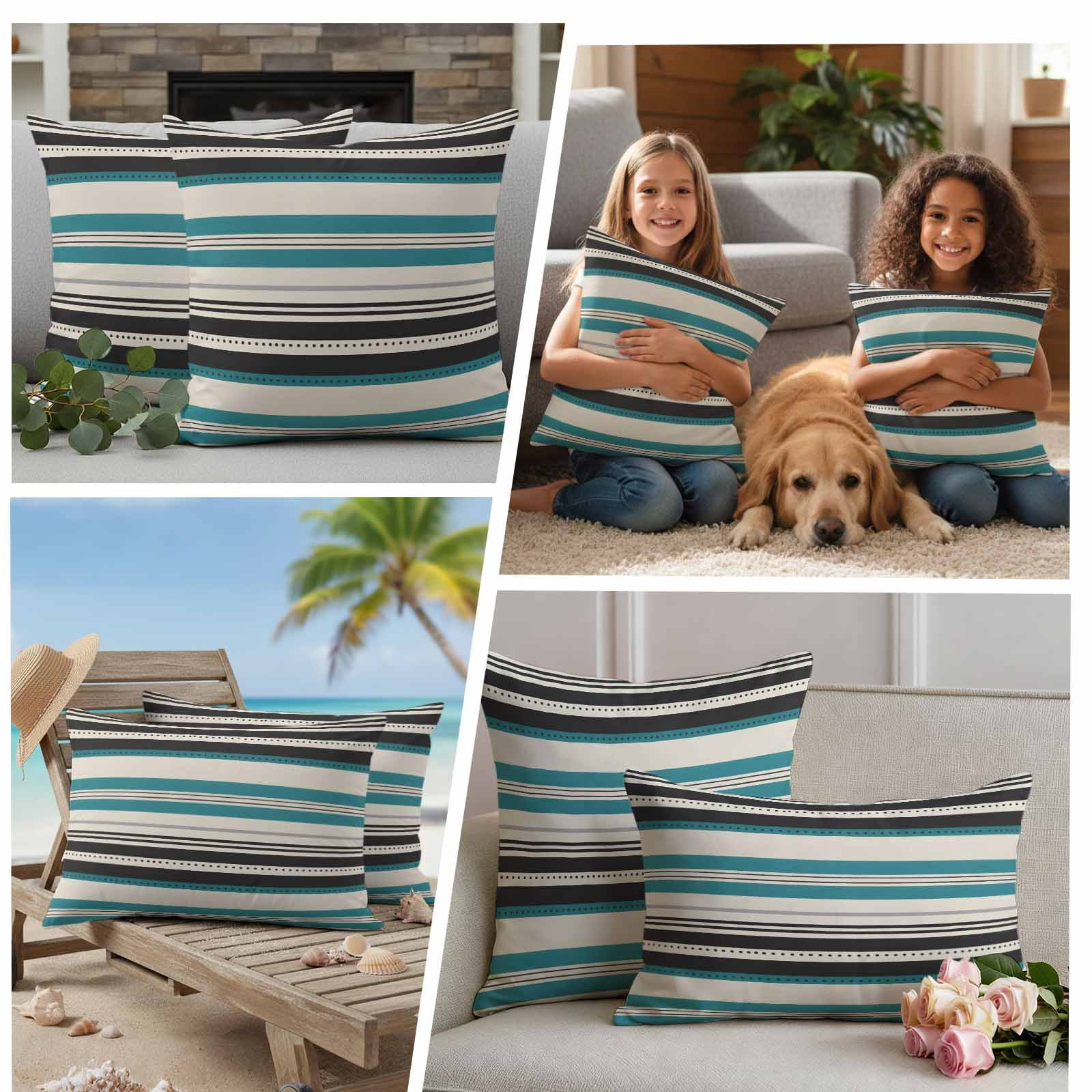 Green Black Grey Striped Outdoor Waterproof Pillow Covers, Farmhouse Vintage Stripe Decorative Rectangle Throw Pillowcase Sofa Cushion Sham for Patio/Couch/Chair, 20"x12" 2 Pack