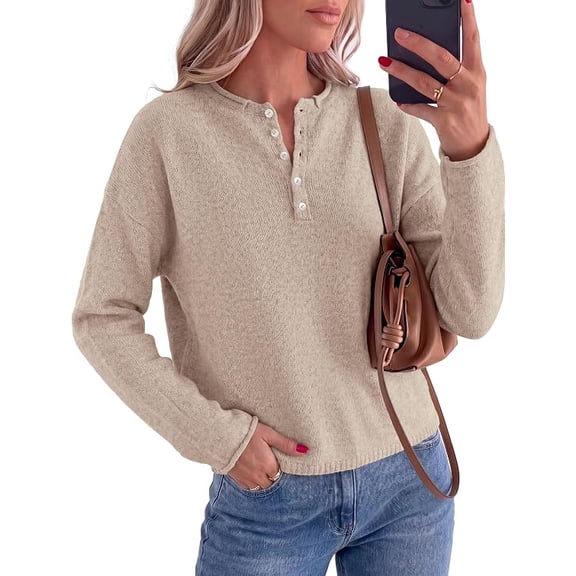 PRETTYGARDEN Women's Fall Button Up Cozy Pullover Sweaters | Stretchy Soft Knit, Drop Shoulder Long Sleeve Tops, Henley Crewneck Rolled Edge, Dressy Casual Blouses, Trendy Winter Clothes