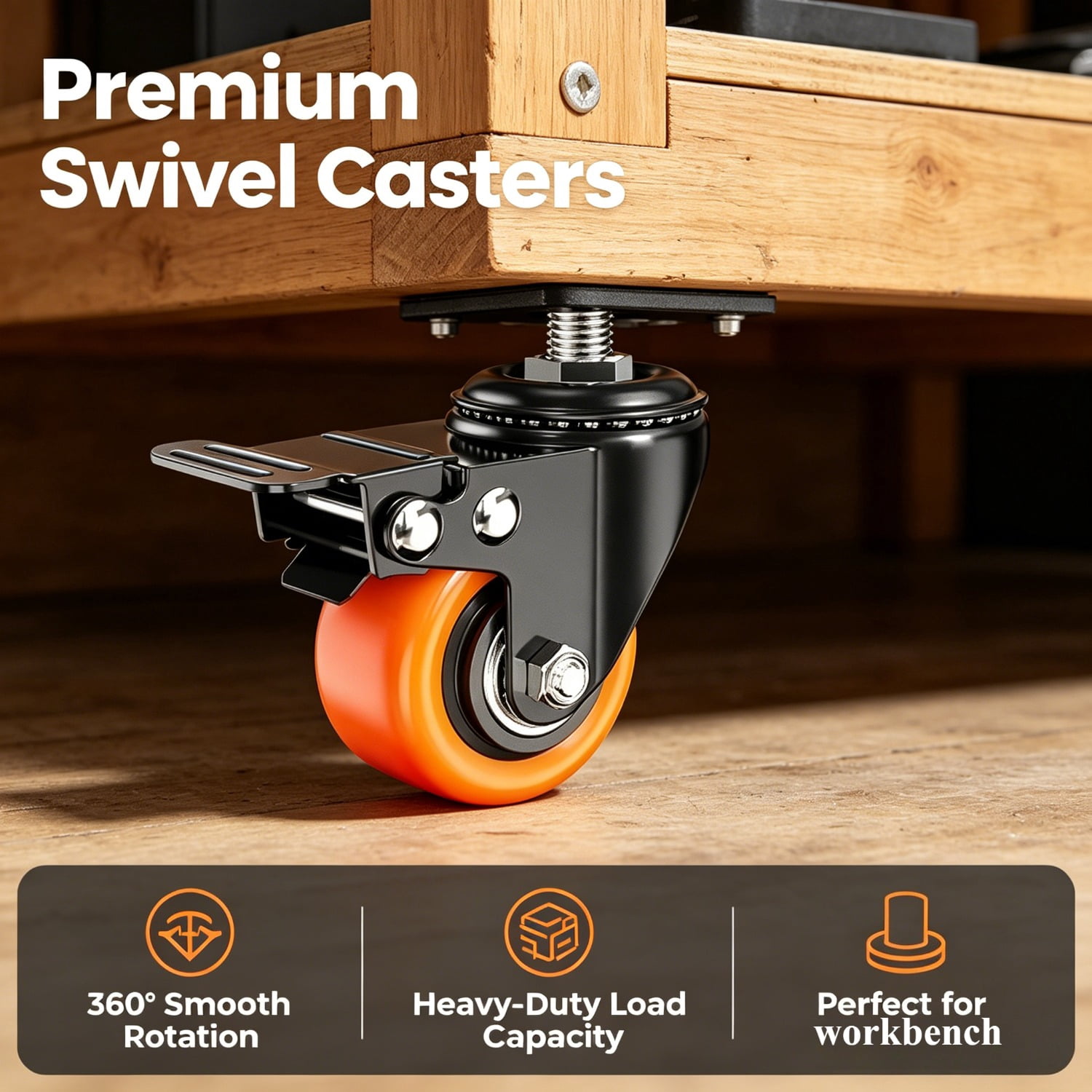 General Set of 4 Heavy-Duty Industrial Stem Caster Wheels with Locking Brake, 1.5/2/2.5" Wide Base for Furniture Carts Workbenches Equipment Replacement, Durable Rolling Casters