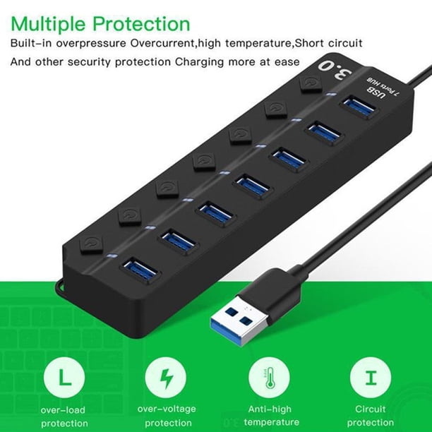 Divisor De Concentrador Usb 3.0 Alimentado Con Interruptores Individuales Para Computadora (7 Puertos)