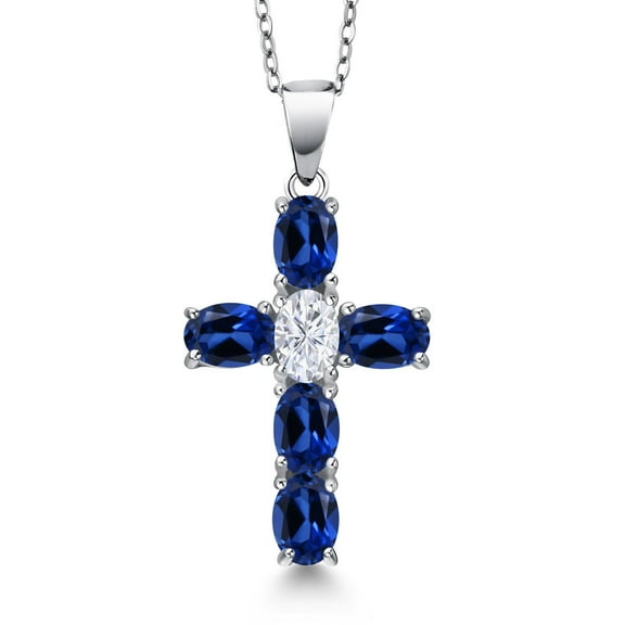 Gem Stone King 925 Sterling Silver Blue Created Sapphire and White Moissanite Cross Pendant Necklace for Women | 3.50 Cttw | Gemstone September Birthstone | Oval 6X4MM | With 18 inch Chain