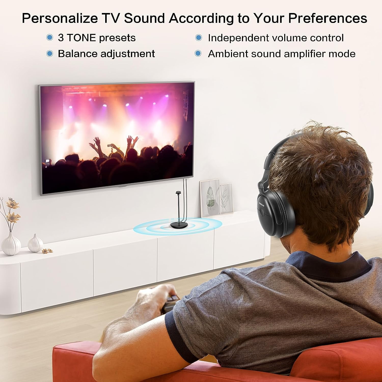 SIMOLIO Wireless Headphones for TV Watching with Transmitter/Charging Stand 2-in-1, Wireless TV Headphones w/Dialogue Clarity & BAL & Tone Control, by-Pass, Spare Battery, SM829D1-W (New)