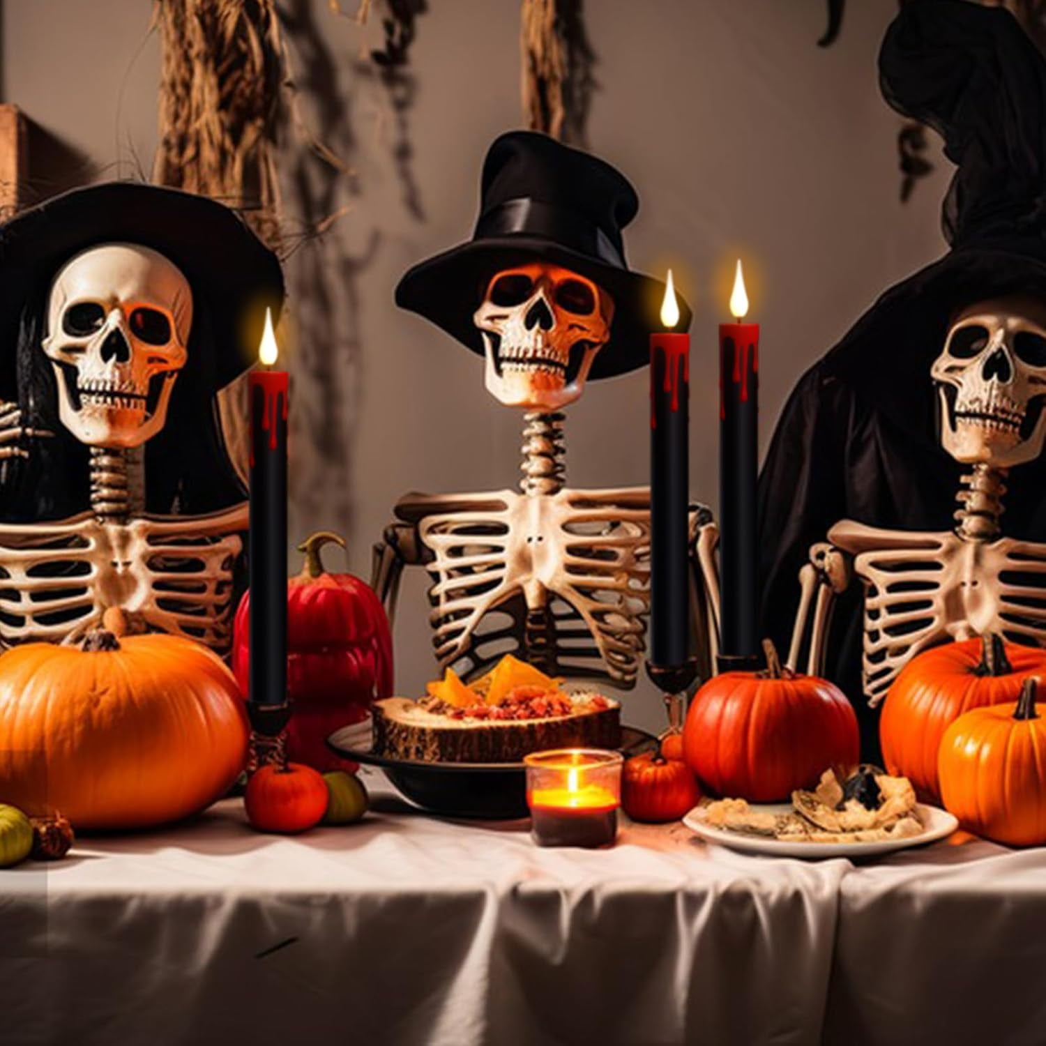 Halloween Black Flameless Taper Candles with Remote Timer, 6Pcs Red Drip LED Candlesticks with 3D Flickering Flame for Home Fall Indoor Halloween Decor(0.78 x 8.9 Inches)