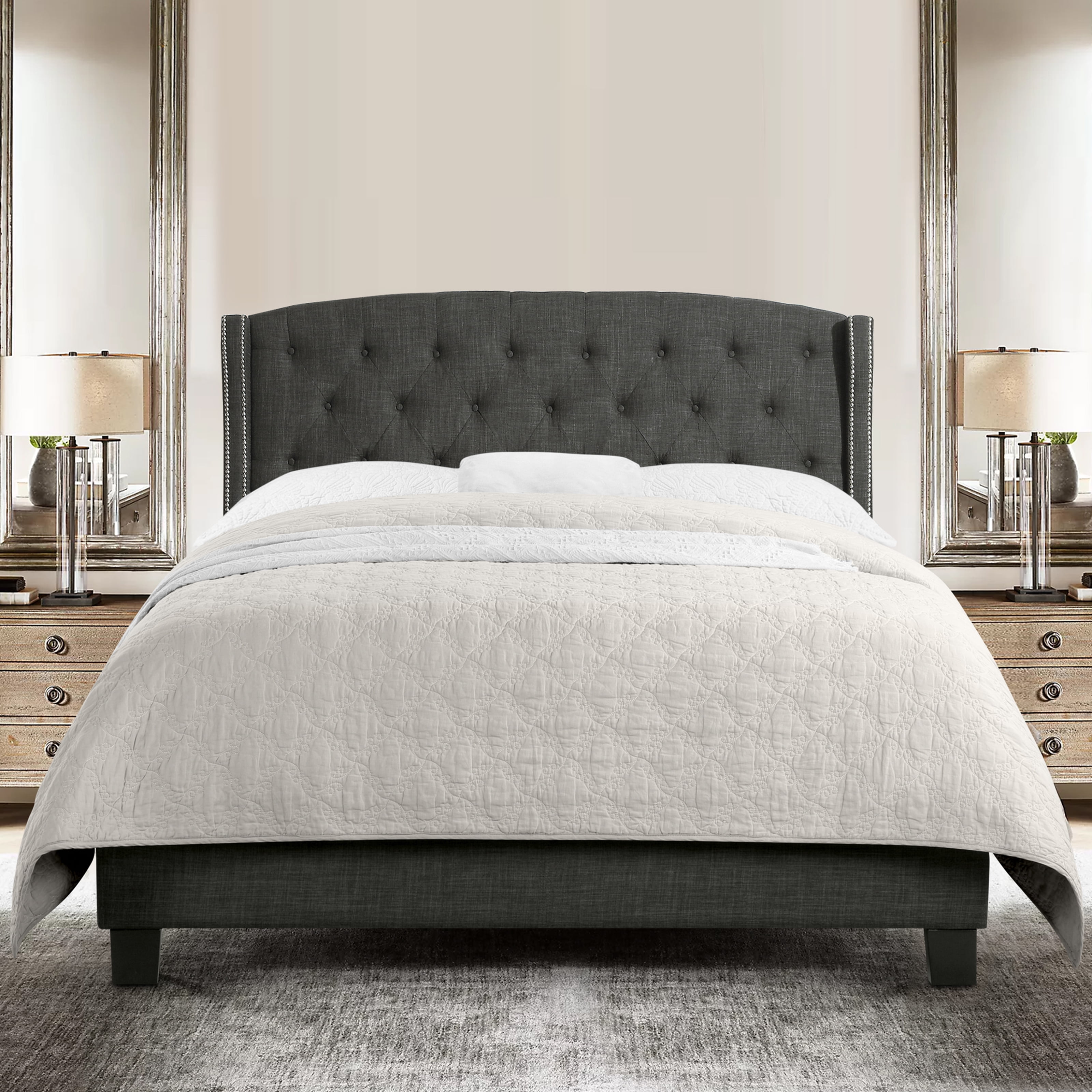 Gewnee Full Size Upholstered Platform Bed Frame with Adjustable Wingback Headboard,Button Tufted and Nailhead Trim,Box Spring Required.Dark Grey