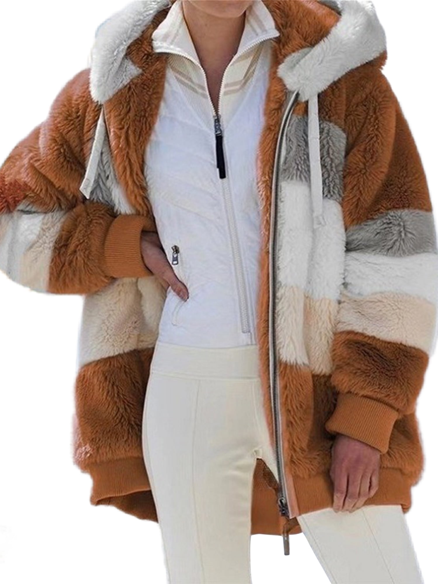 Innerwin Jacket Long Sleeve Women Coat Winter Warm Patchwork With Pockets Outwear Caramel Colour 5XL