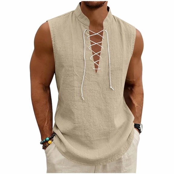 Guluxicc Men's Tank Tops Drawstring Tie Neck Solid Color Sleeveless Tops Summer Outdoor Casual Beach Shirts