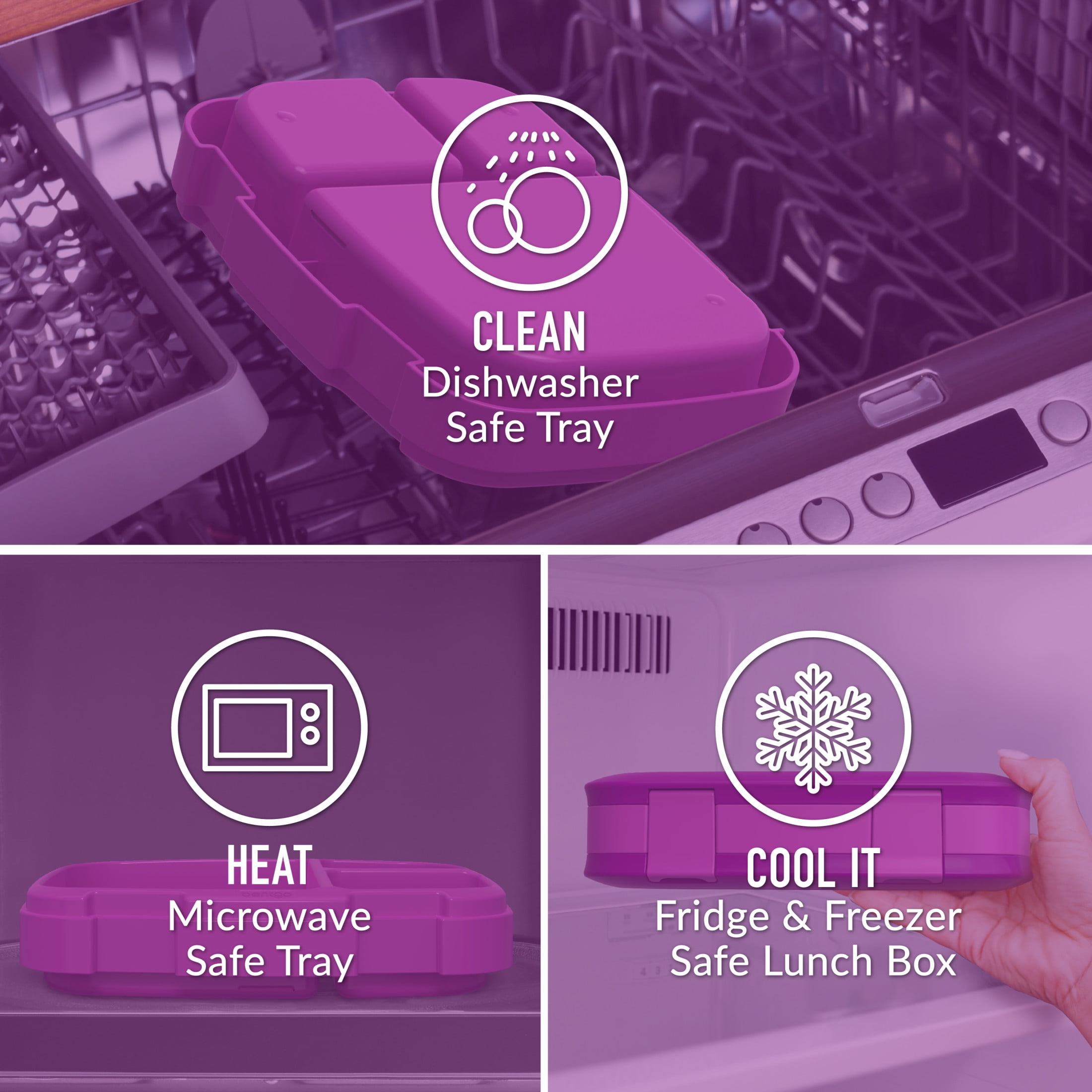 (3 pack) Bentgo Fresh – Leak-Proof, Versatile 4-Compartment Bento-Style Lunch Box with Removable Divider, Portion-Controlled Meals for Teens and Adults On-The-Go – BPA-Free, Food-Safe Materials (Purple)