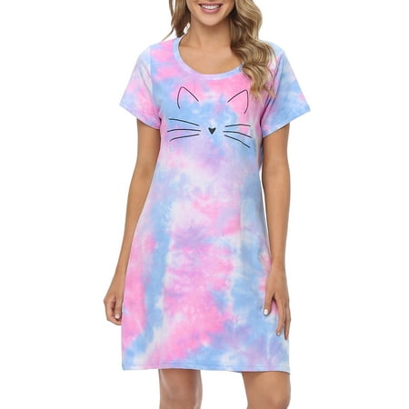 

HDE Women s Cotton Nightgowns Short Sleeve Sleep Dress Cat Tie Dye Small-Medium