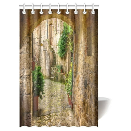 MYPOP Travel Italy Scenery Shower Curtain, Narrow Street of Medieval Tuff City Sorano with Arch Bathroom Shower Curtain with Hooks, 48 X 72 Inches