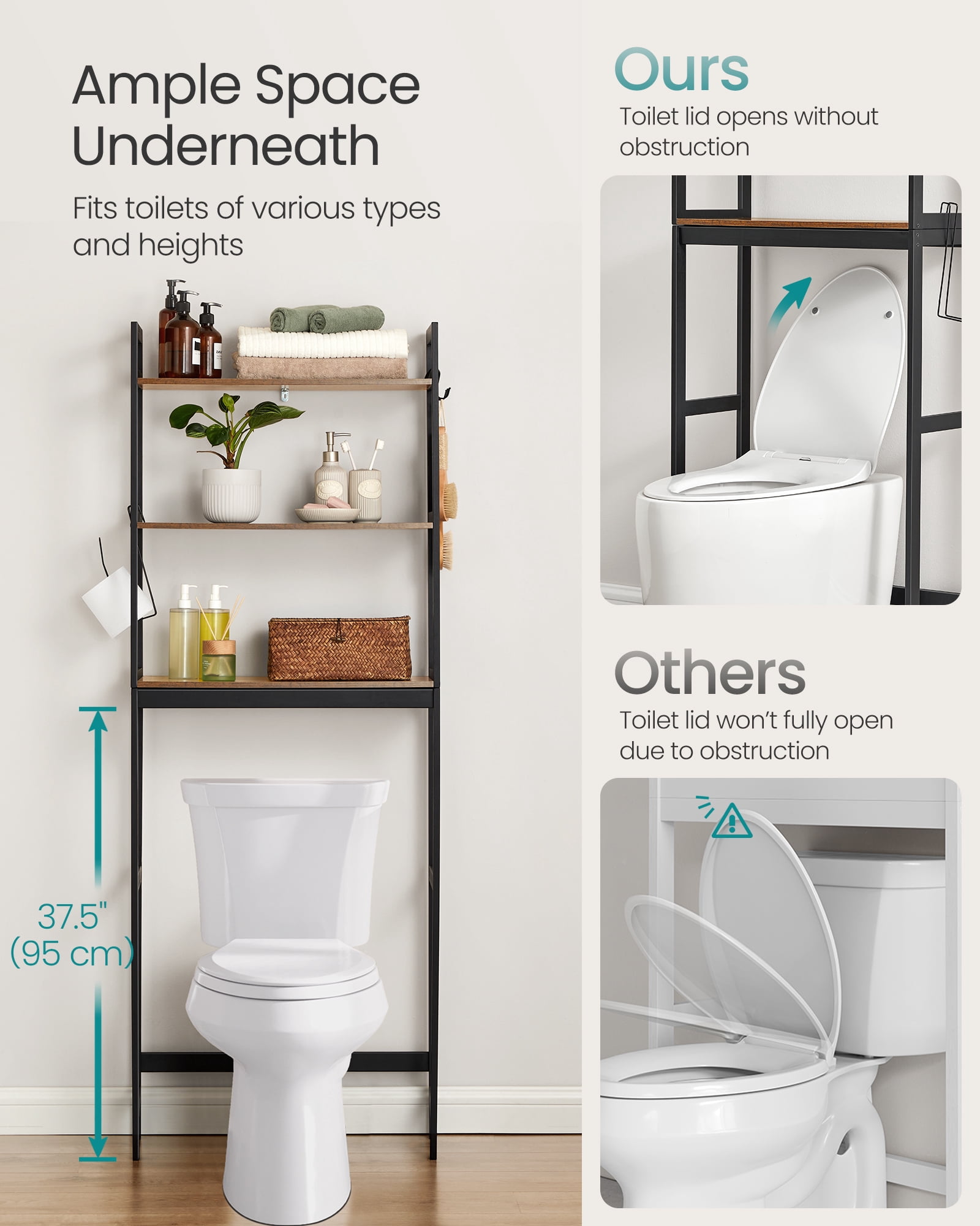 SONGMICS Over The Toilet Storage, 3-Tier Bathroom Organizer Over Toilet with Adjustable Shelves, Rustic Brown and Ink Black