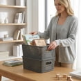 thumbnail image 5 of Plastic Hollow Woven Storage Basket Stackable Desktop Organizer Bin for Books Stationery Cosmetics and Household Items, Gray, 5 of 5