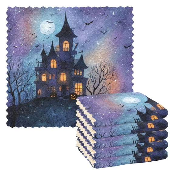 6 Pieces of Kitchen Towels 11x11Inch Kitchen Dish Cloths Kitchen Dish Towels Reuseable Cleaning Cloths Beautiful Halloween Castle