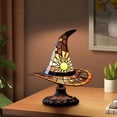 thumbnail image 3 of Stained Glass Witch Hat Lamp,Handcrafted Retro Resin Witch Lamp,USB Powered Gothic Wizard Hats with Sun and Star Details for Bedroom, Shelf and Halloween Decor, 3 of 5