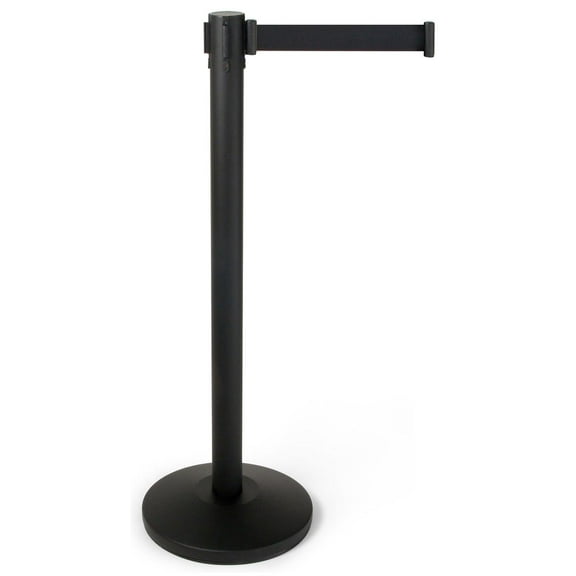 Set of 2 Crowd Control Posts with 6'7" Long Retractable Black Belt, 41.5"h Round Stanchion Posts - Black Powder-Coated Steel (RCCSTBLK01)