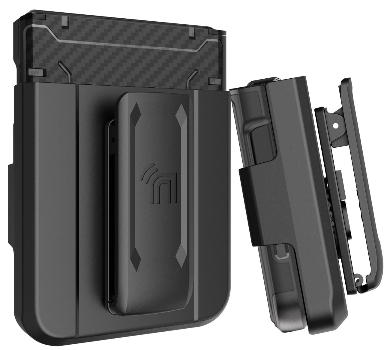 Rizz Case and Belt Clip Combo for Samsung Galaxy Z Flip 6 Phone, Nakedcellphone Rugged Hybrid Cover [with Hidden Hinge Panel Protection] and Holster Holder for Z Flip6  - Black Carbon Fiber Design