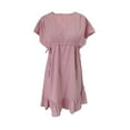 thumbnail image 3 of ZZwxWA Womens Sundress Short Sleeve V Neck Drawstring Casual Ruffle A-Line Swing Mini Dress Holiday Dresses, 3 of 5