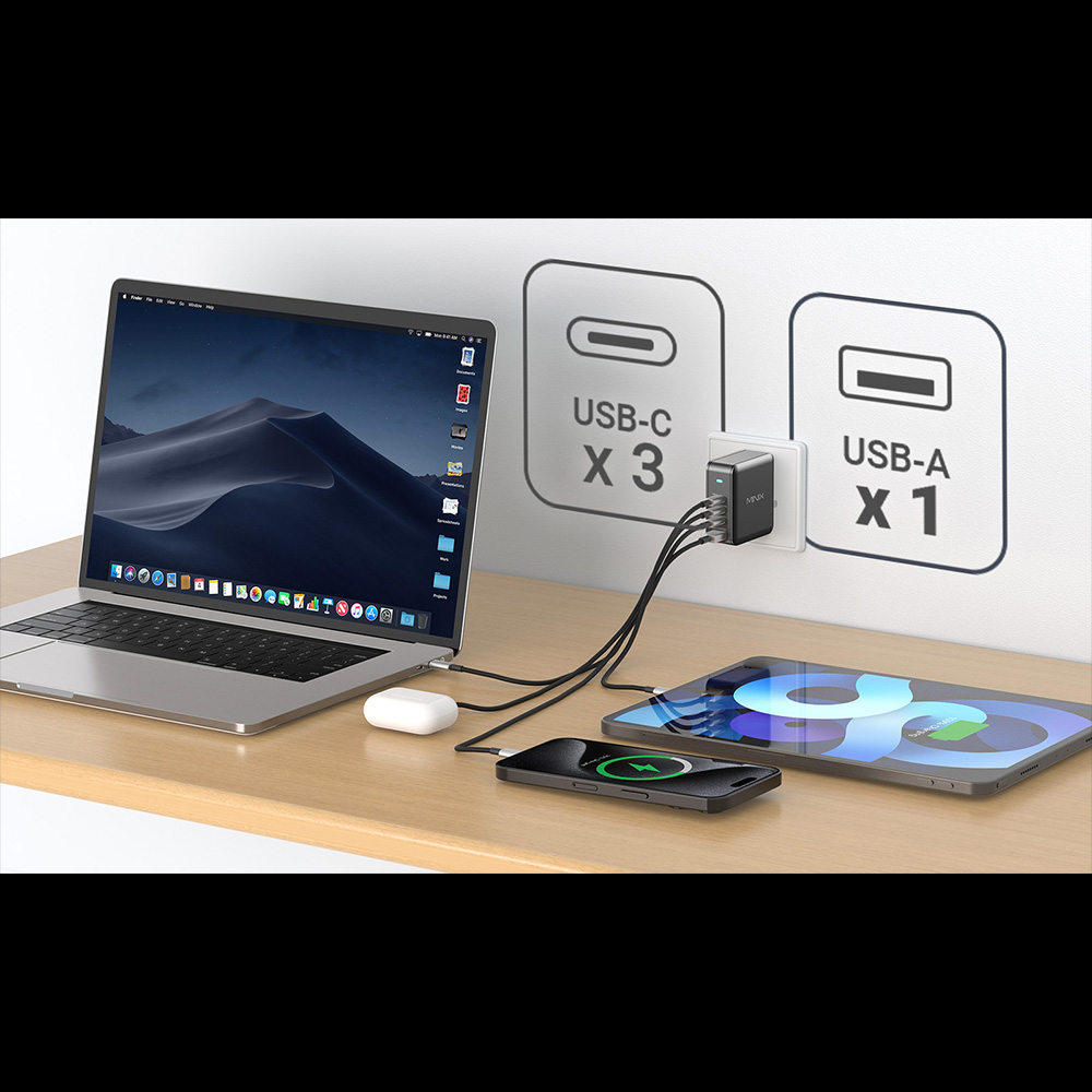 MINIX P165 GaN Wall Charger, 165W 4-Ports GaN Foldable Compact Fast Wall Charger Power Adapter with 3-USB-C/1-USB-A, US/EU/UK Plugs for Home Travel
