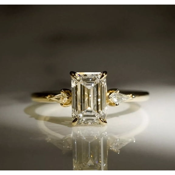 4CT Emerald Cut Lab Created Diamond Three Stone Valentine Gift For Her Ring 14K Yellow Gold Plated