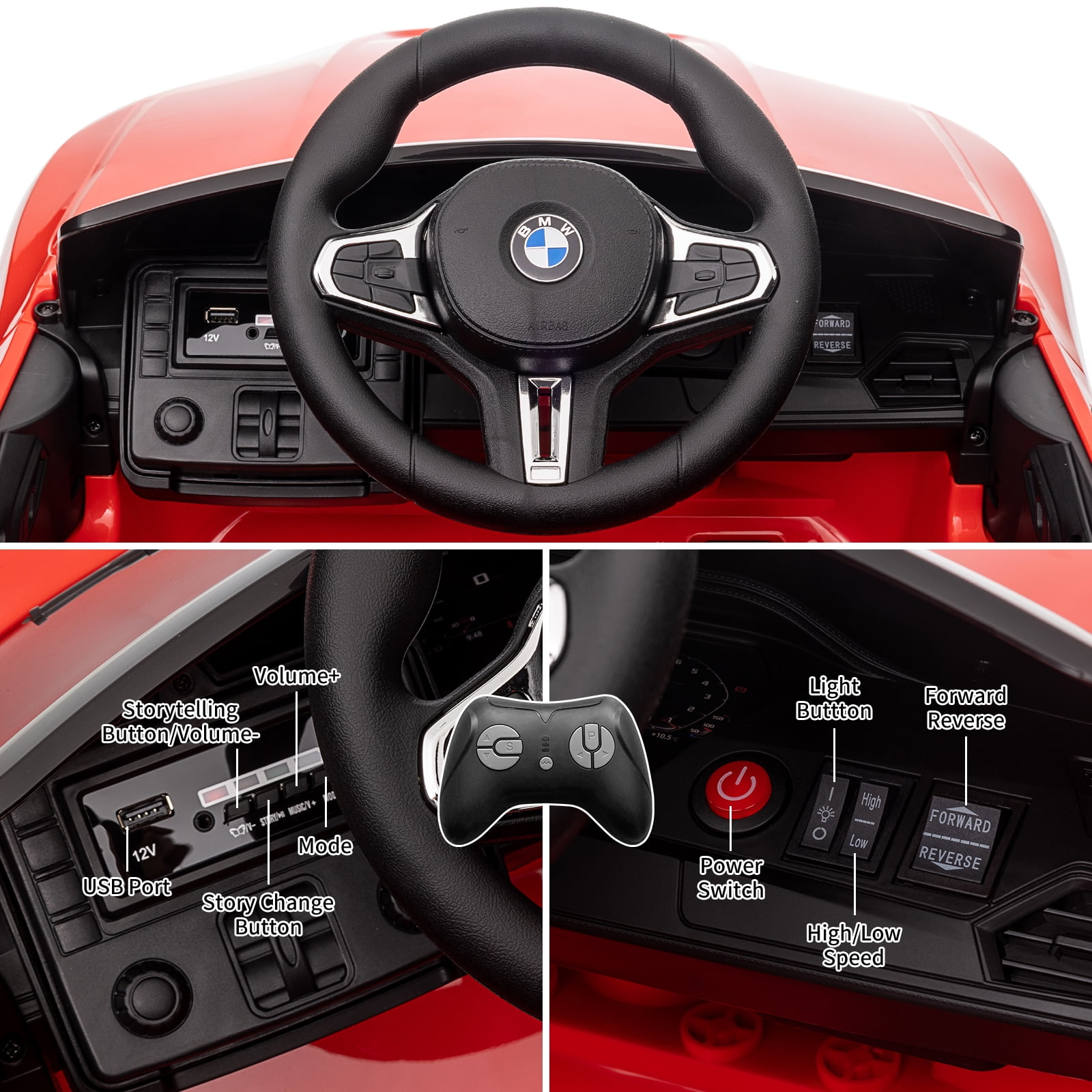 Joyspirit BMW M4 Licensed Remote Control Electric Ride-On Car for Kids - Bluetooth, 3-Speed, LED Lights, Suspension System,Red, Ideal for Ages 37-83 Months