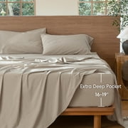 MooMee 100% Washed Cotton Queen Fitted Sheet Only Linen Like Textured Extra-Deep Pocket Breathable Soft 1-Piece(Tannish Linen Grey, 60x80)