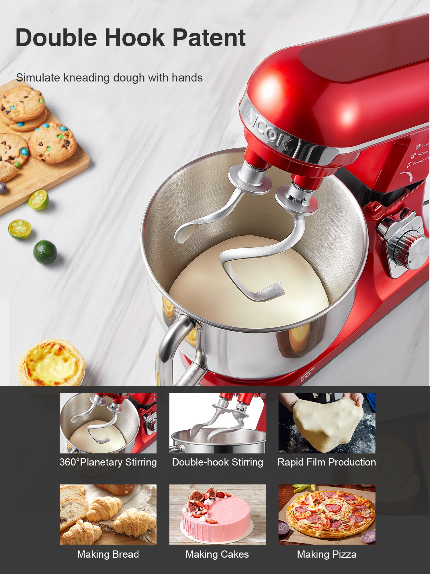 Stand Mixer with Double Dough Hook, 6-speed Dough Mixer with Tilting H –  AICOOK