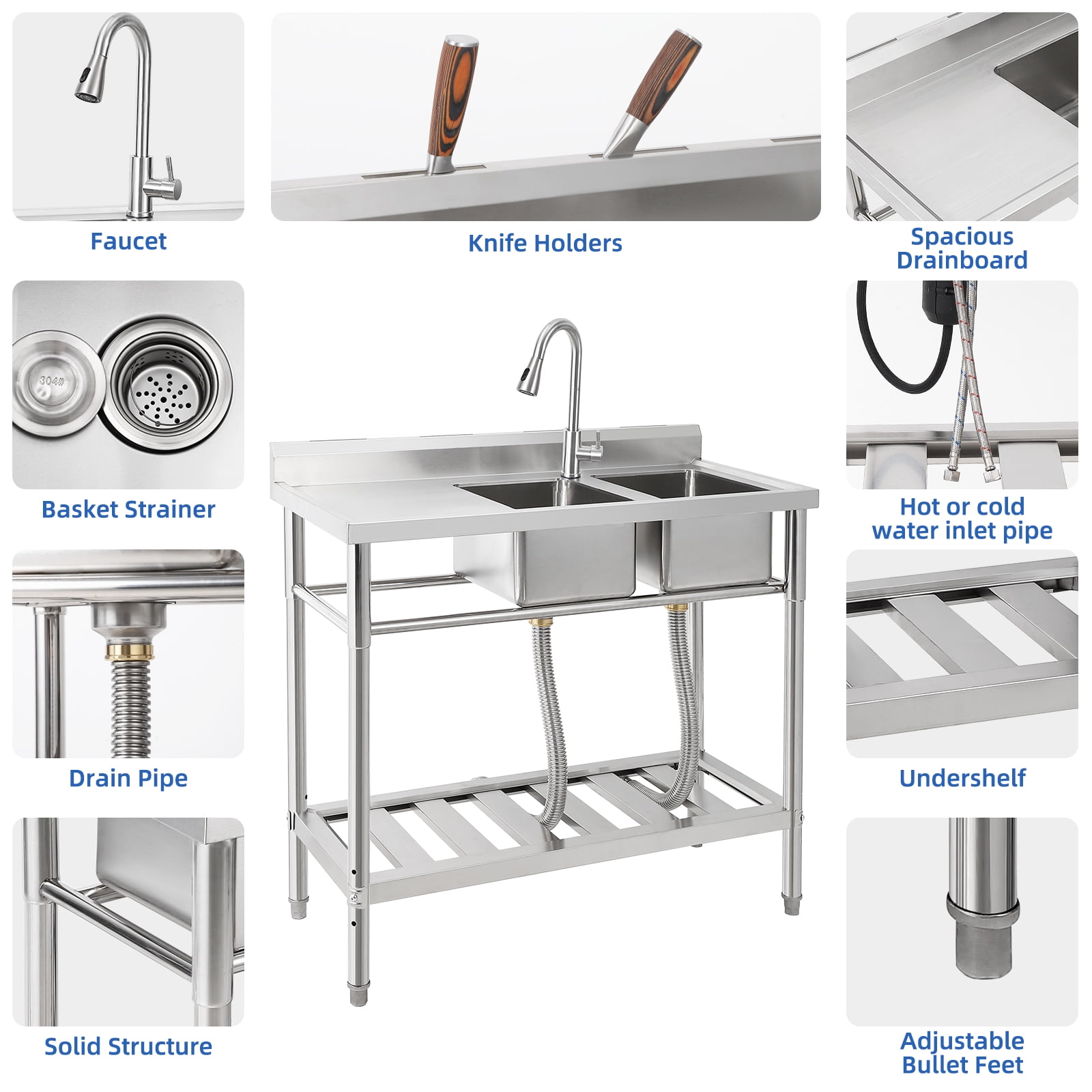 Yeshouse Stainless Steel Utility Sink with Pull-Down Faucet - Free Standing Double Bowl Commercial Sink for Kitchen, Restaurant, Garage, NSF Certified