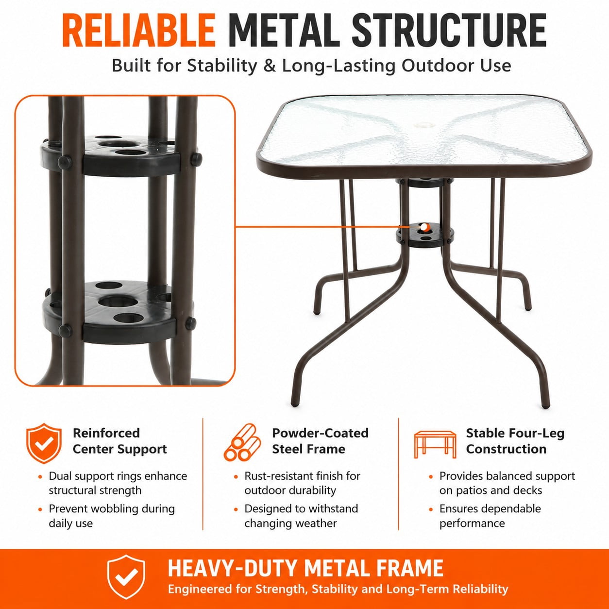 MOONMISS Tangkula 35 Inch Patio Dining Table with Tempered Glass Top with 1.5" Umbrella Hole & Sturdy Metal Frame, Patio Dining Table for Backyard, Lawn, Deck & Poolside
